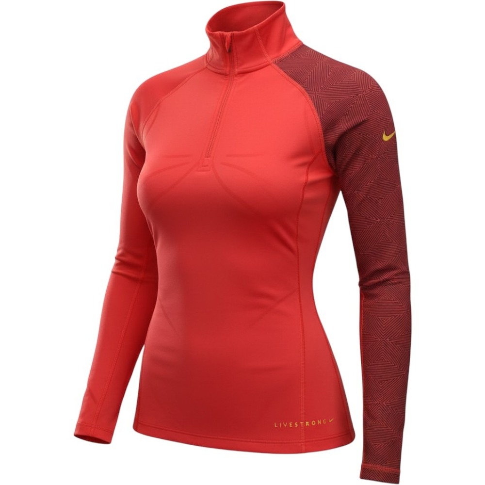 Nike Pro Livestrong Womens Quarter Zip Training Top Red Patterned Sleeve Small
